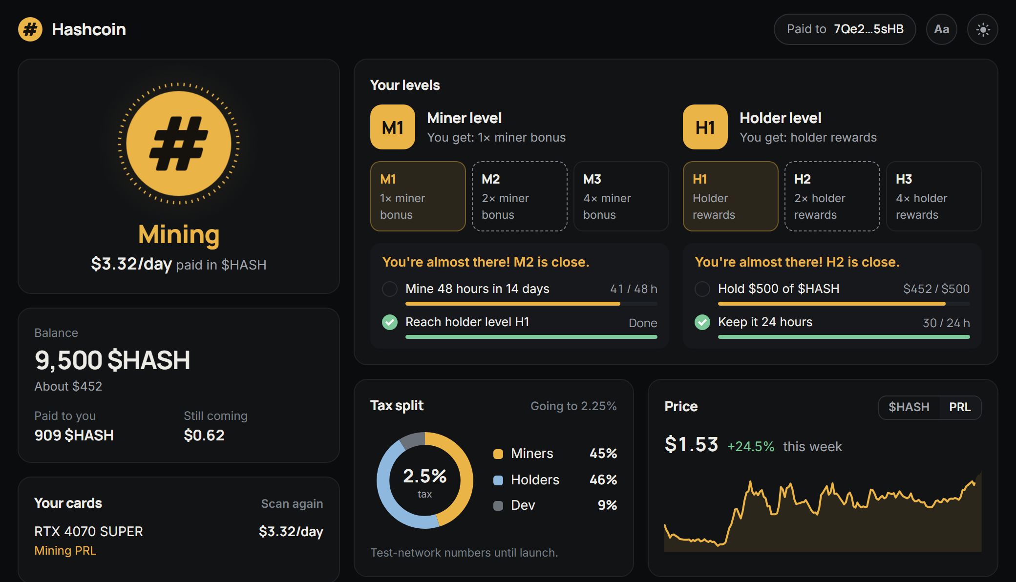 The Hashcoin app while mining: $3.32 a day paid in $HASH, the balance, miner and holder levels with what's left to reach the next one, the tax split and the PRL price.